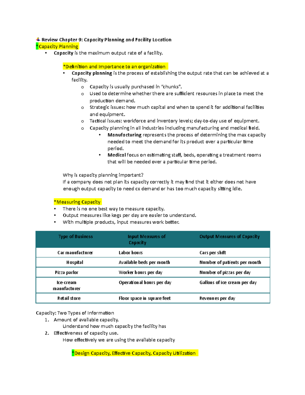 Chapter 9 - Review Chapter 9: Capacity Planning and Facility Location ...