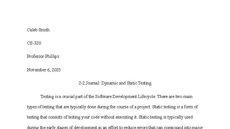 CS 2-2 Journal: Understanding Dynamic and Static Testing in SDLC - Studocu