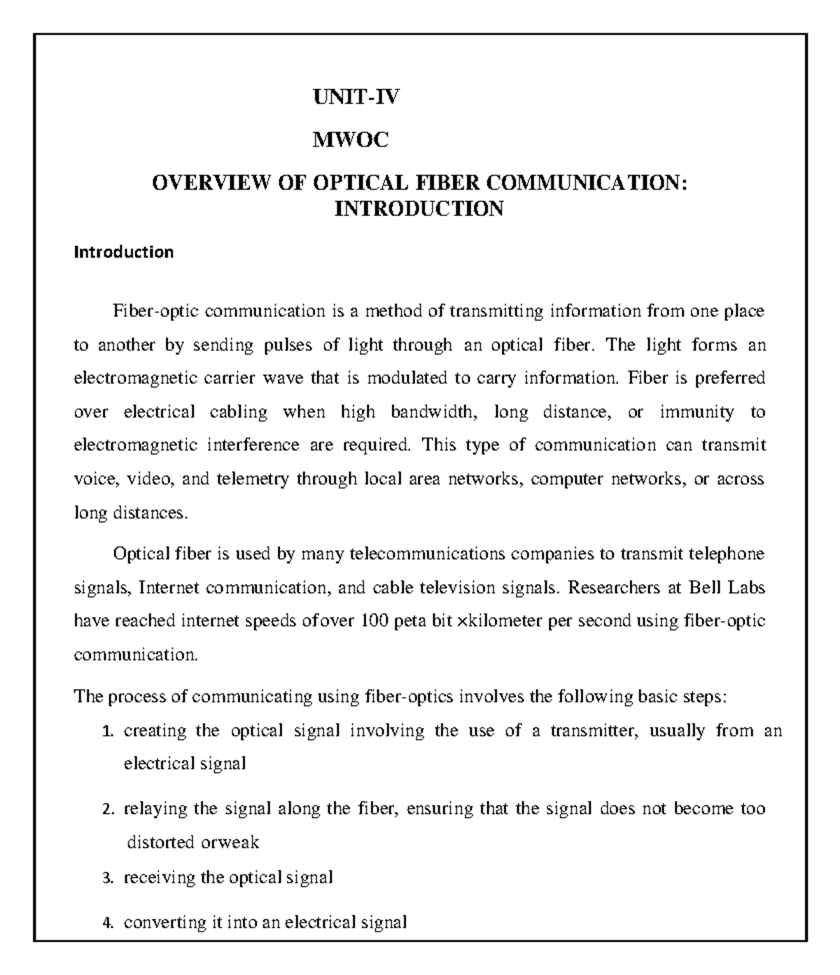 UNIT IV: Overview of Optical Fiber Communication (MWOC) - Studocu