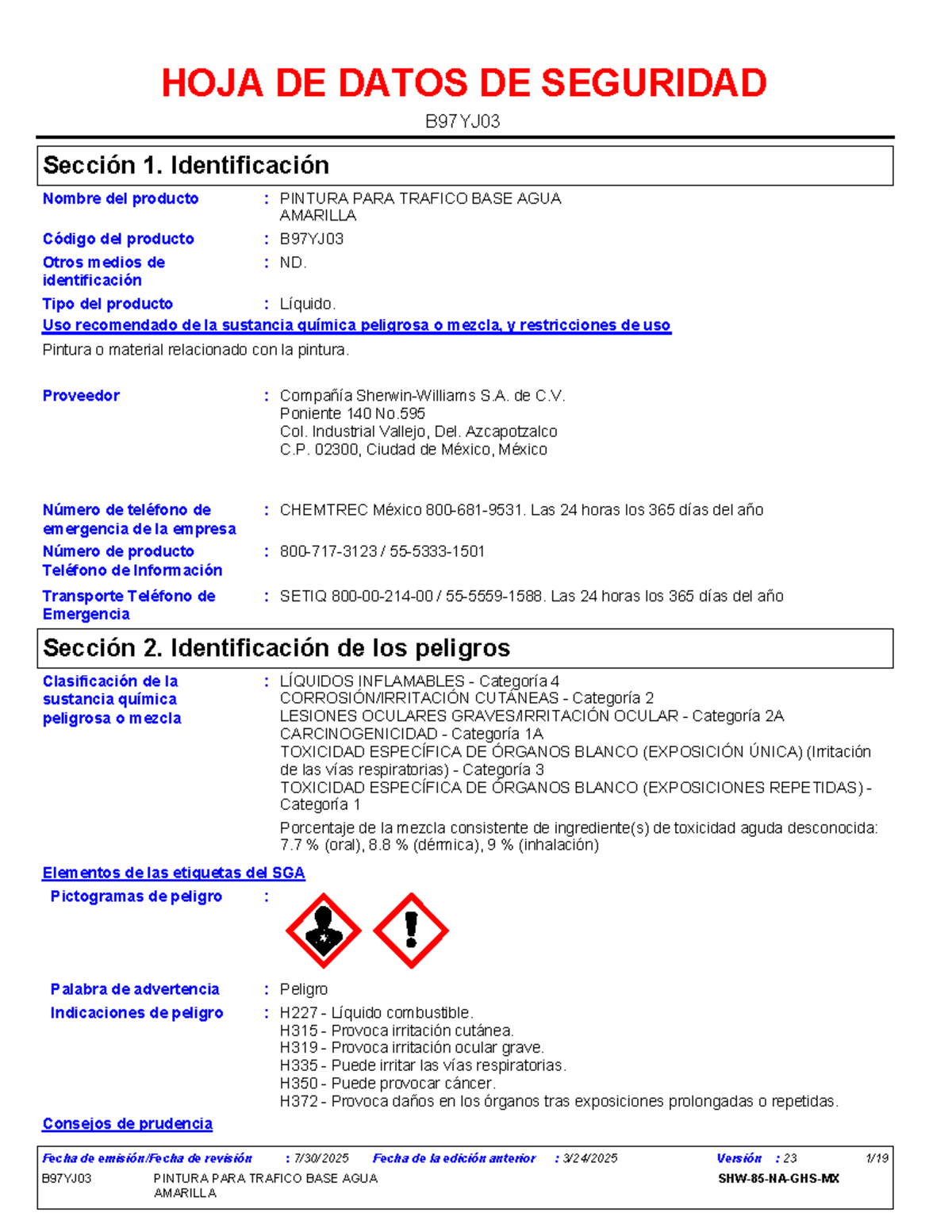 HOJA DE DATOS DE SEGURIDAD B97YJ03 - PINTURA PARA TRÁFICO - Studocu