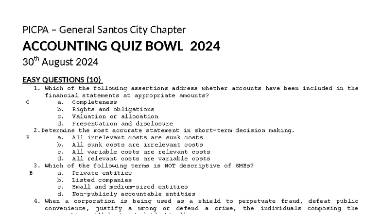 PICPA Gen San Accounting Quiz Bowl 2024: Easy & Moderate Questions ...