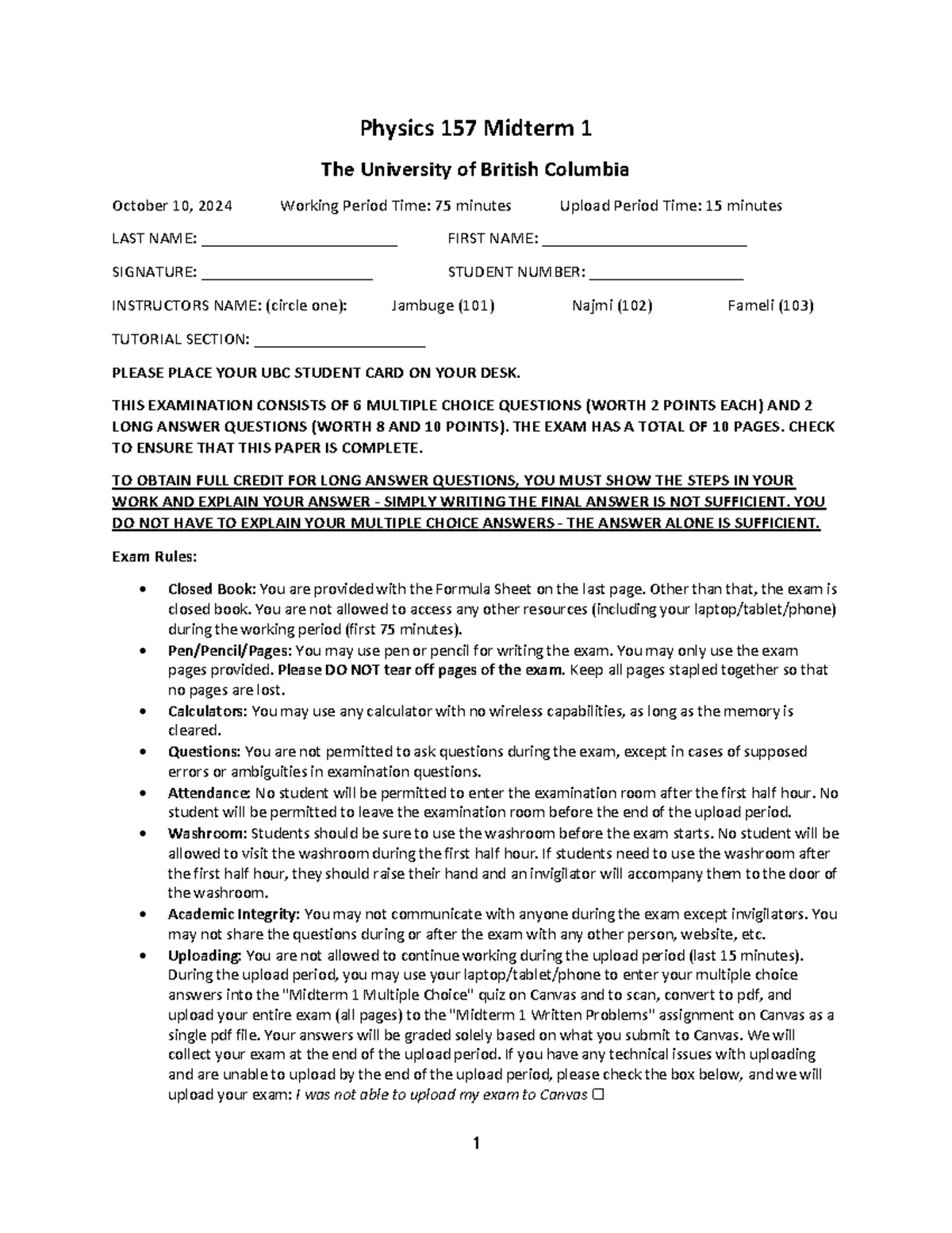 Physics 157 Midterm 1 Exam - UBC, October 10, 2024 - Studocu