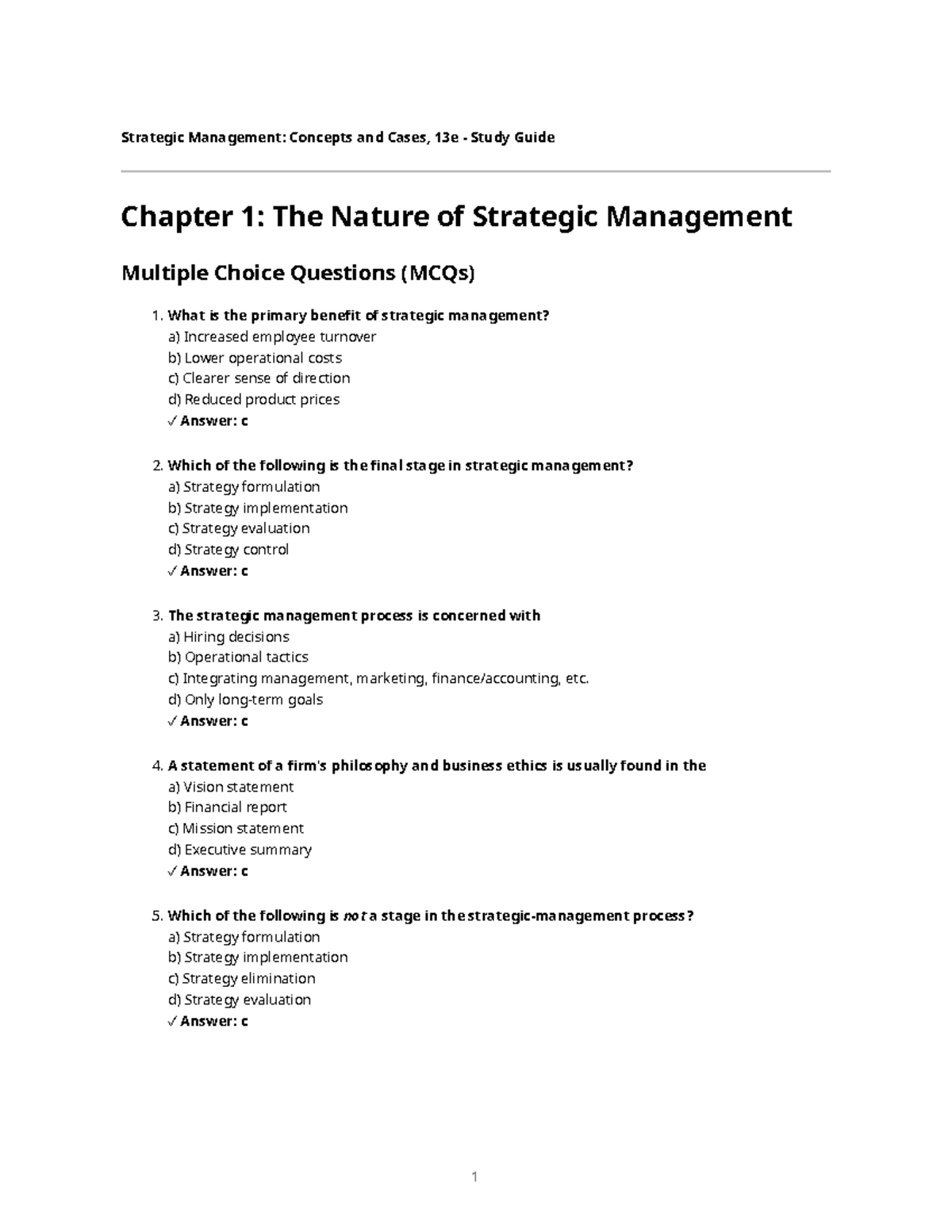 Strategic Management 13e Study Guide: Ch 1 MCQs & Key Concepts - Studocu