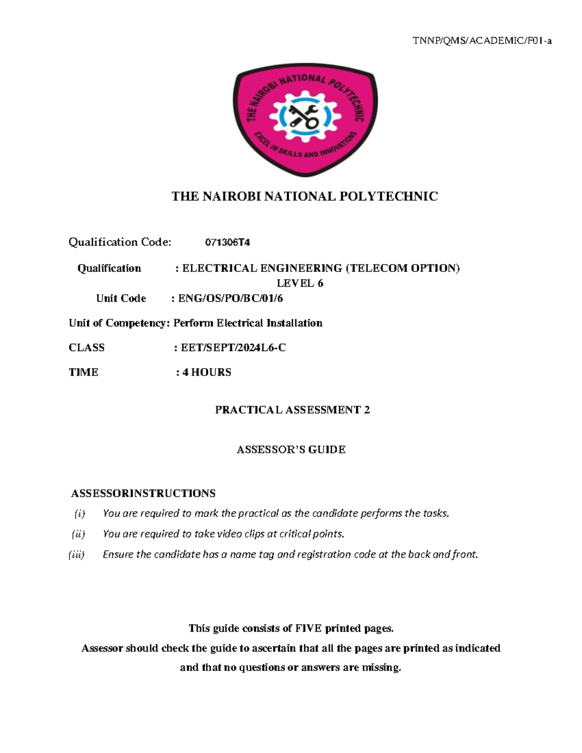 EET/SEPT/2024L6-C Practical Assessment 2: Electrical Installation Guide ...