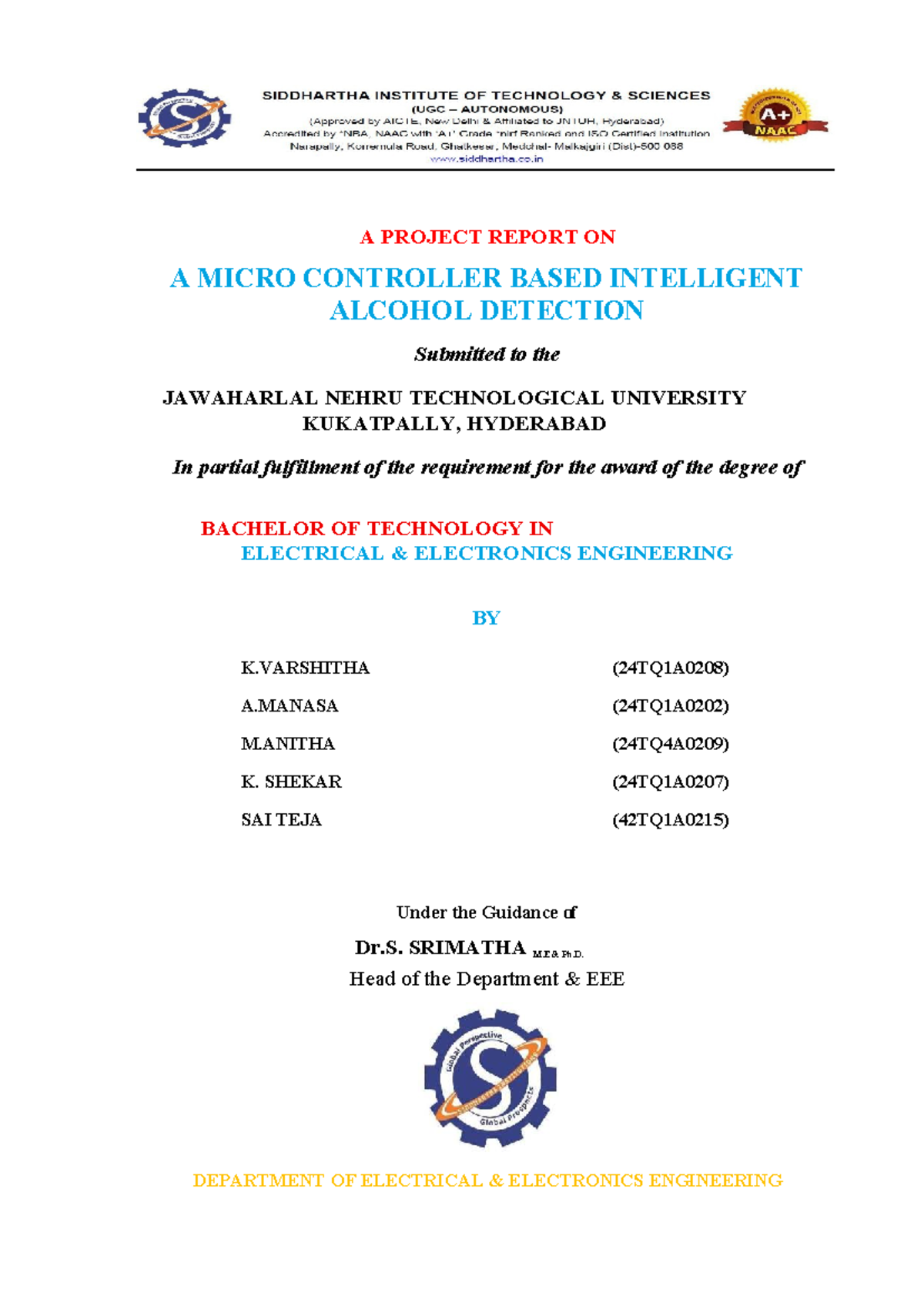 B.Tech Project Report: Intelligent Alcohol Detection System (EE 24TQ1A ...