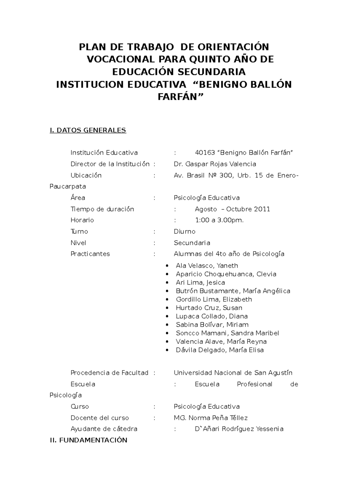 Plan de Trabajo Vocacional para 5to Año - I.E. Benigno Ballón Farfán - Document Preview