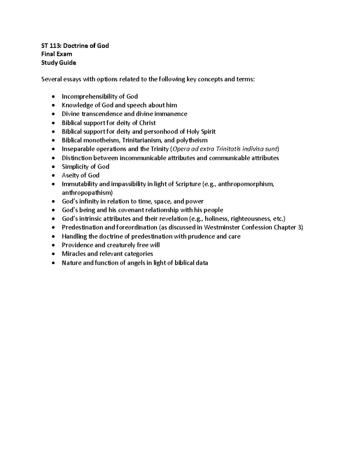 ST 113: Doctrine of God Final Exam Study Guide & Key Concepts - Studocu