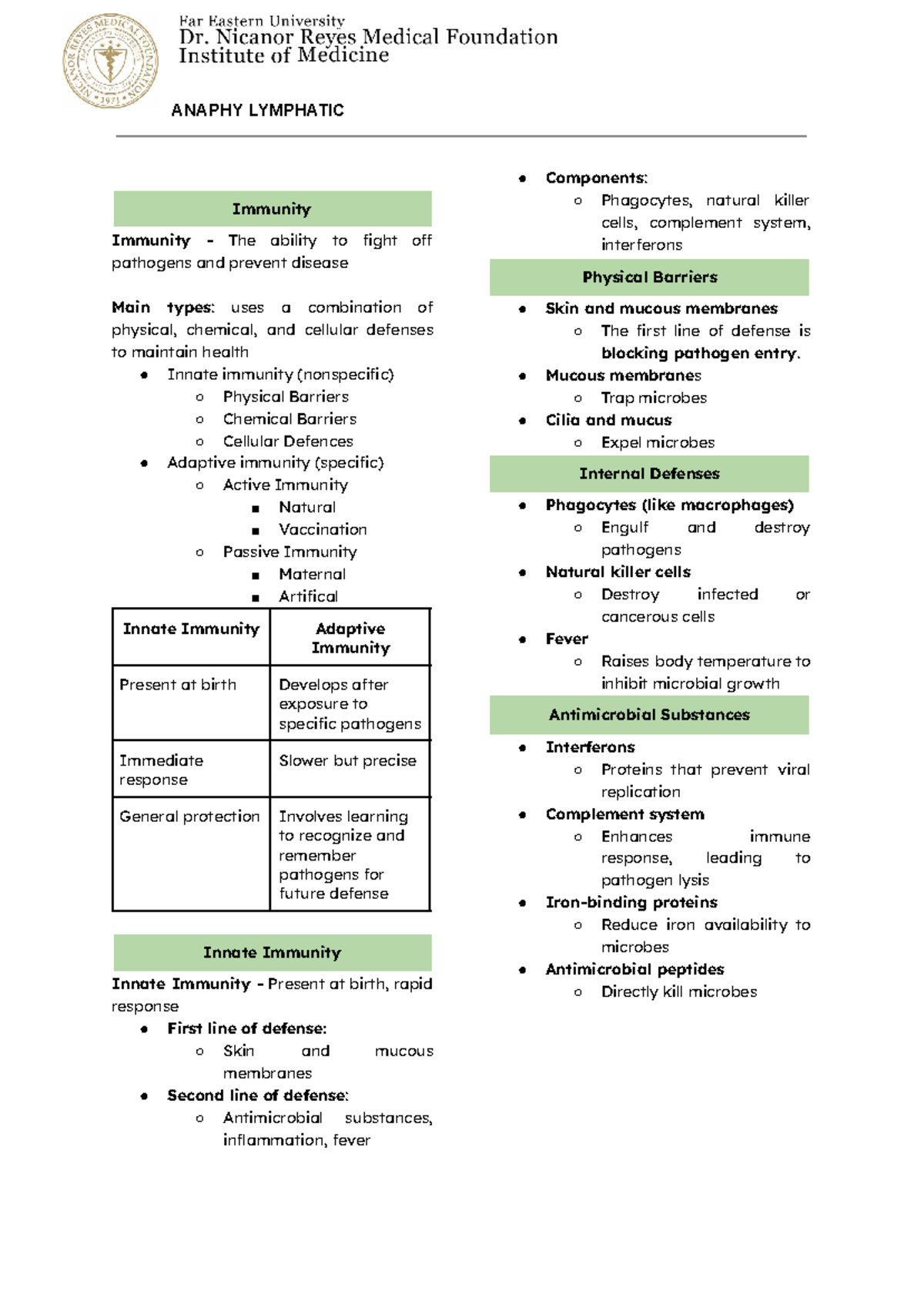 ANAPHY 101: Lymphatic System & Immunity Overview - Studocu