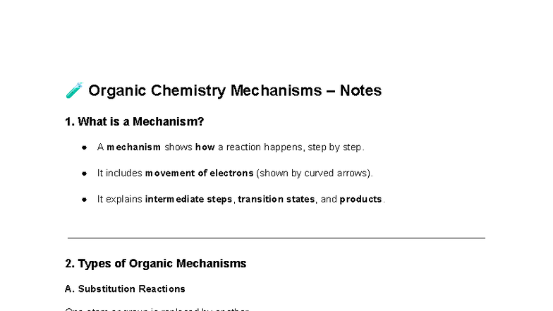 Organic Chemistry (CHEM 101) Mechanisms Notes: Key Concepts & Types ...