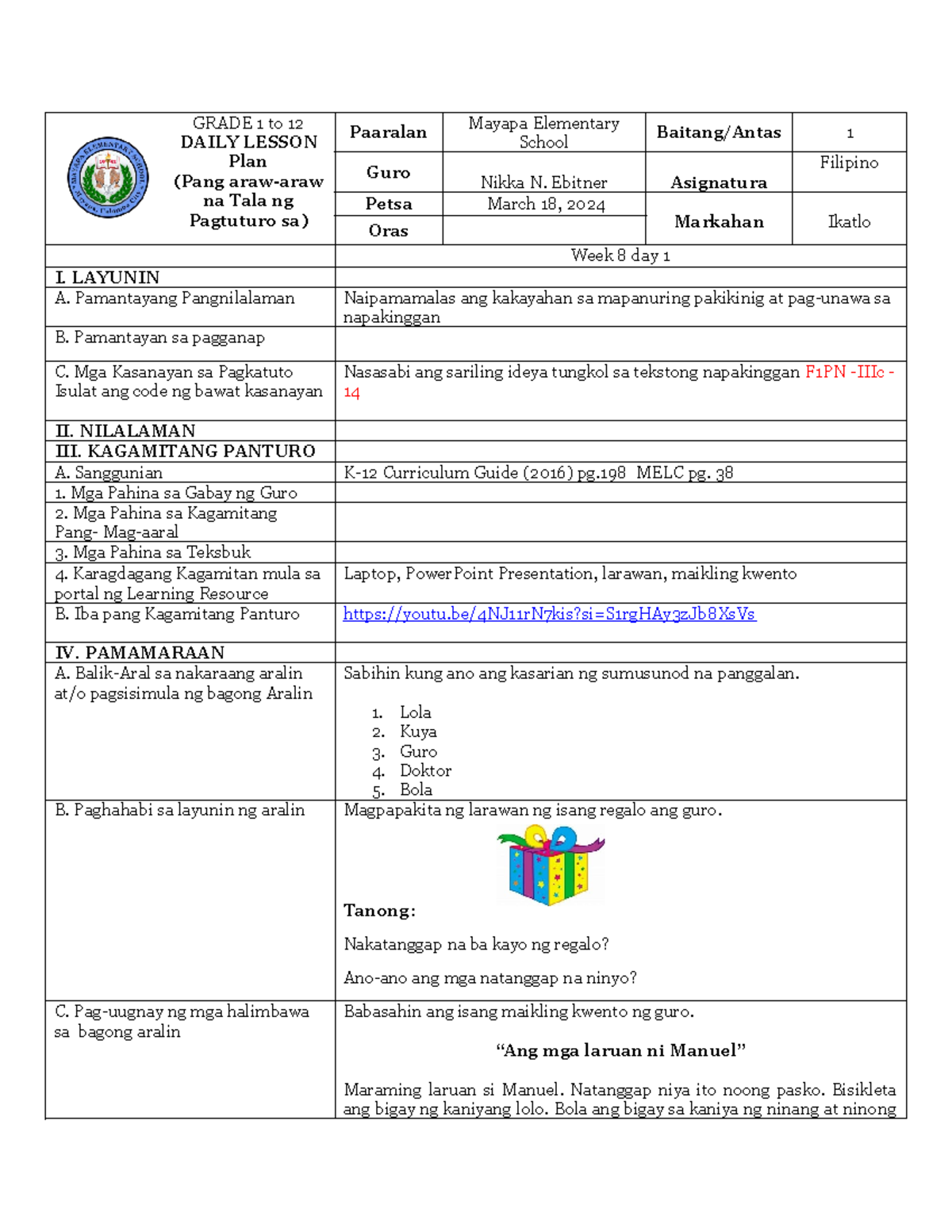 DLL-FIlipino-week-8 - GRADE 1 to 12 DAILY LESSON Plan (Pang araw-araw ...