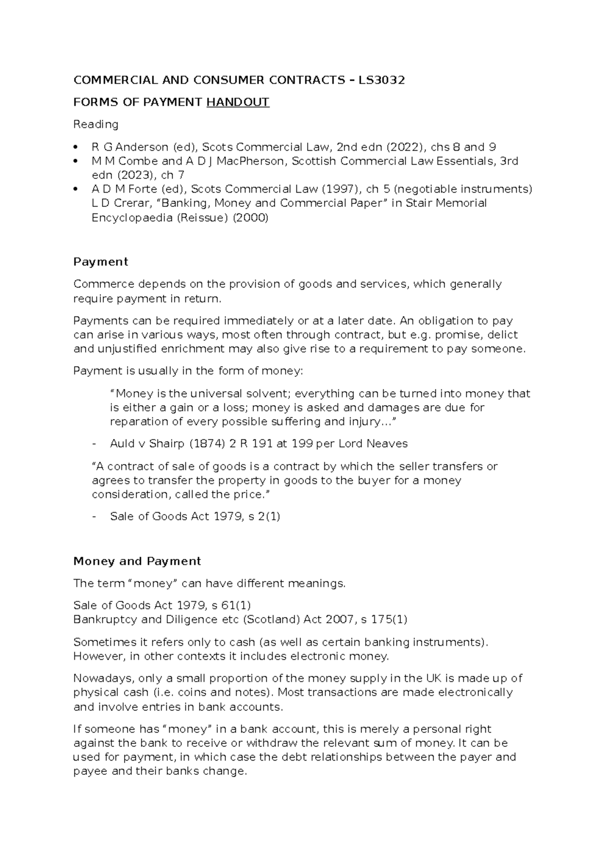 LS3032 Commercial and Consumer Contracts: Forms of Payment Handout ...