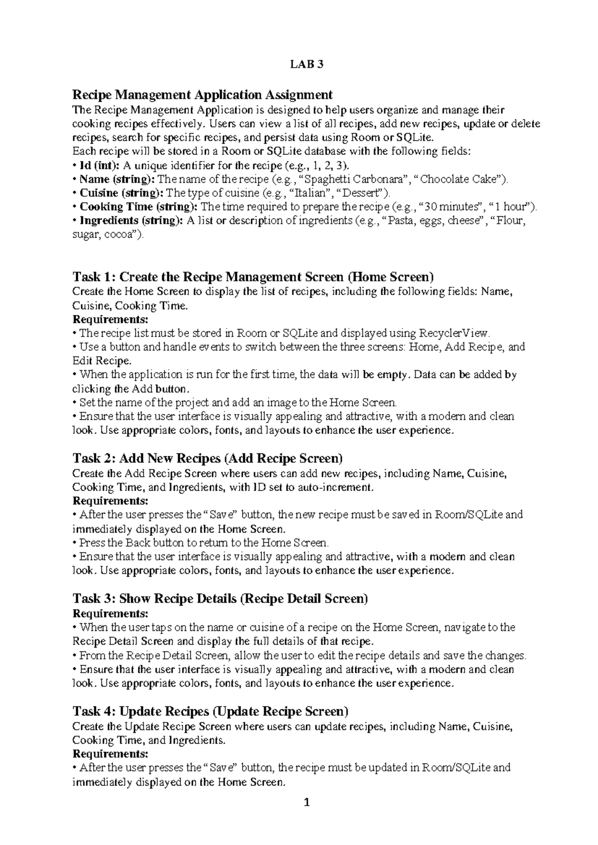 Recipe Management App Development - LAB 3 Assignment Guide - Studocu