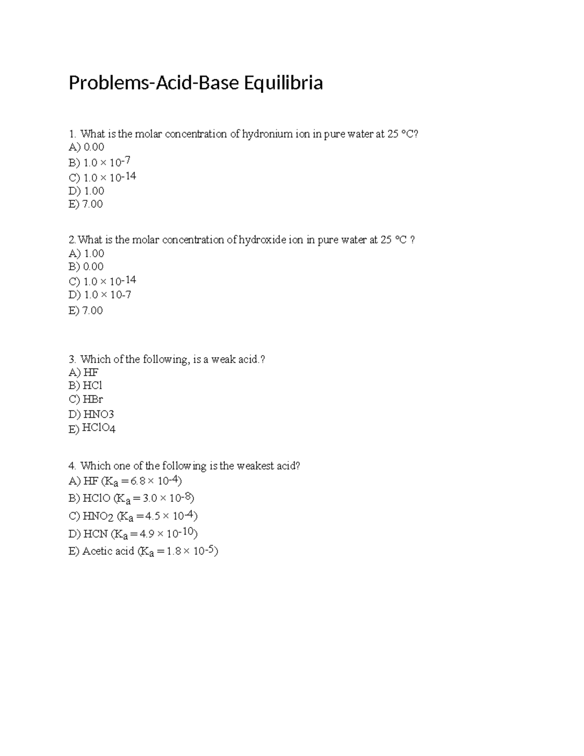 Problems on Acid-Base Equilibria (Course Code: XX123 - Final Exam ...