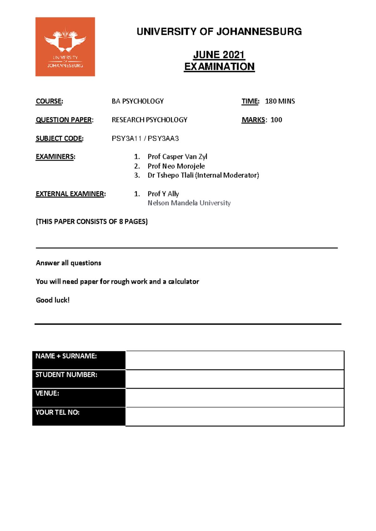 PSY3A11 Final Exam - Research Psychology June 2021 Exam Paper - Studocu