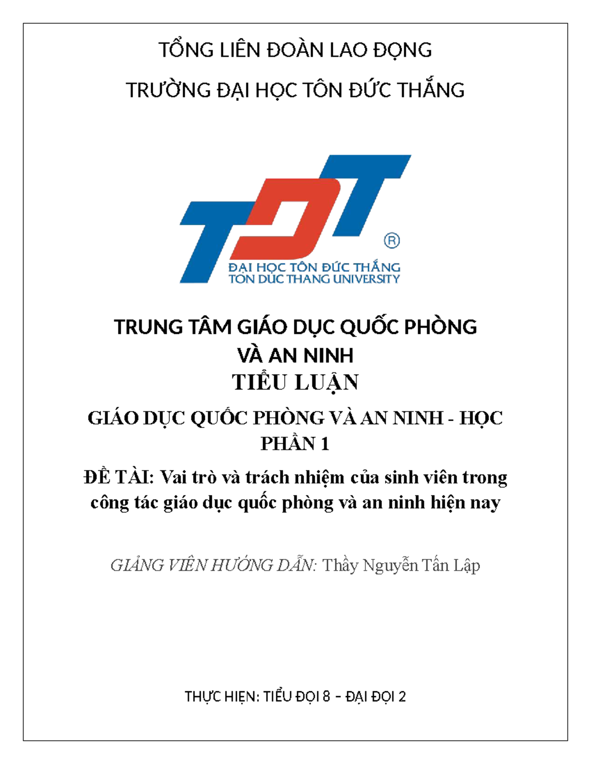 TIỂU LUẬN GIÁO DỤC QUỐC PHÒNG VÀ AN NINH - TDTU - Document Preview