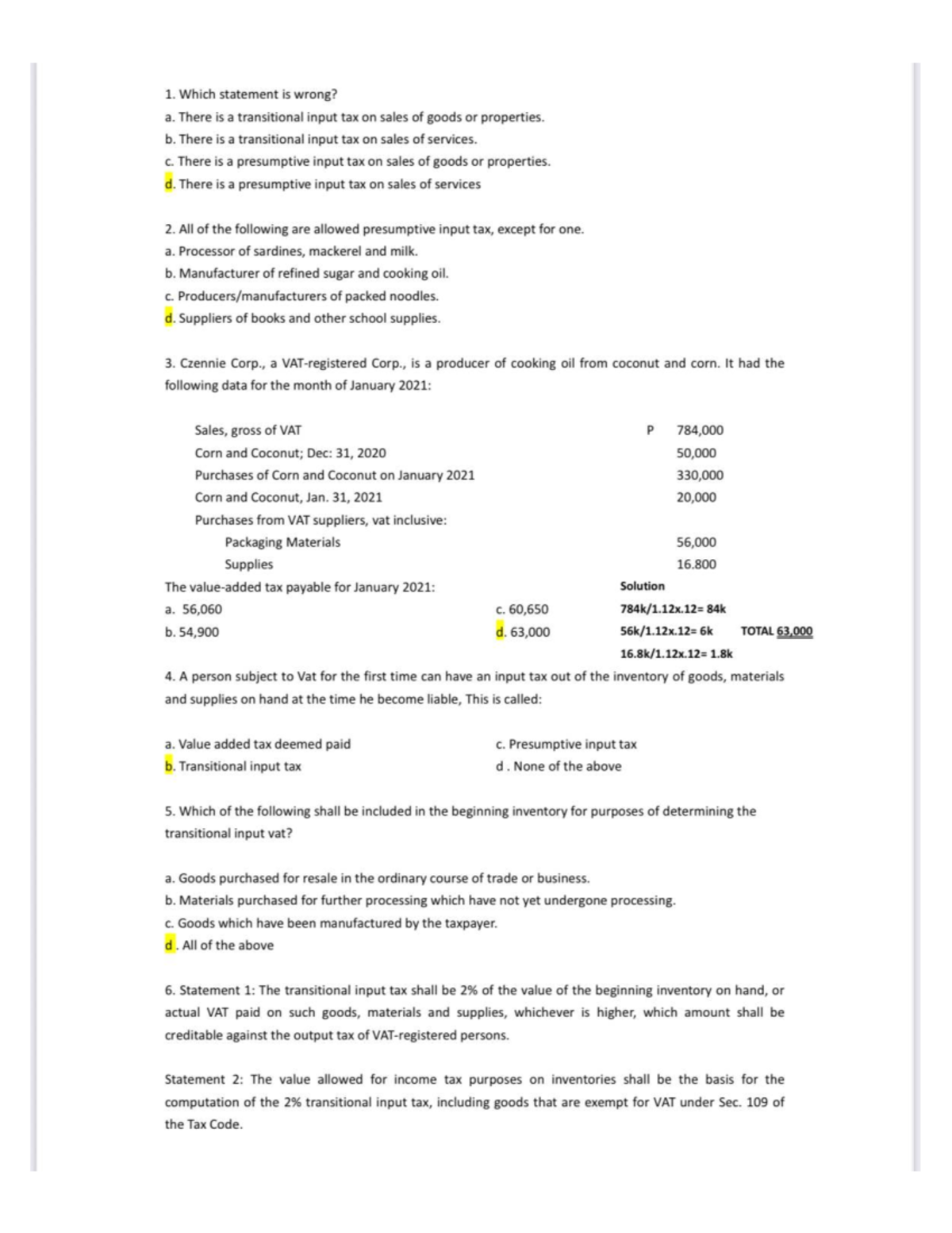 VAT Quiz: Transitional and Presumptive Input Tax Concepts - Studocu