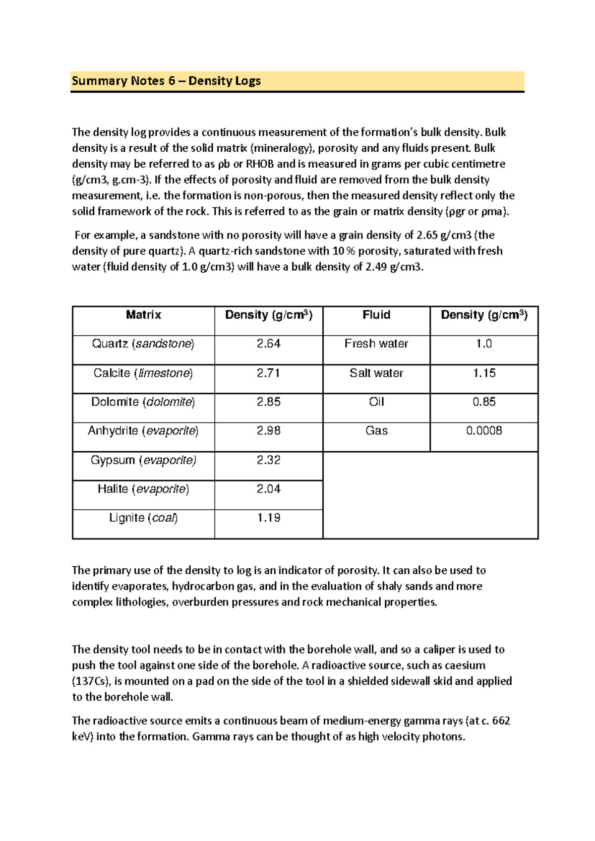 Density Logs - Summary Notes 6: Understanding Bulk Density Measurements ...