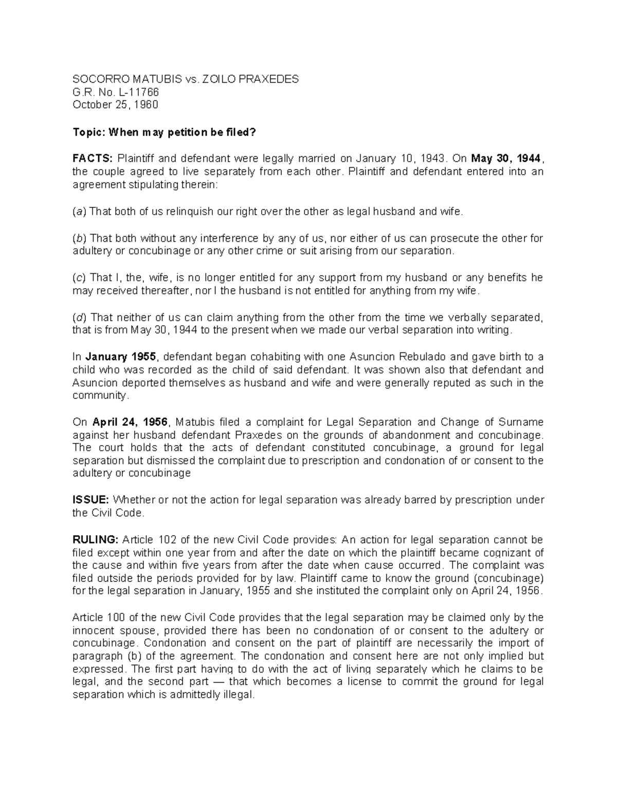 SOCORRO MATUBIS vs. ZOILO PRAXEDES G.R. No. 1960: Legal Separation Case ...