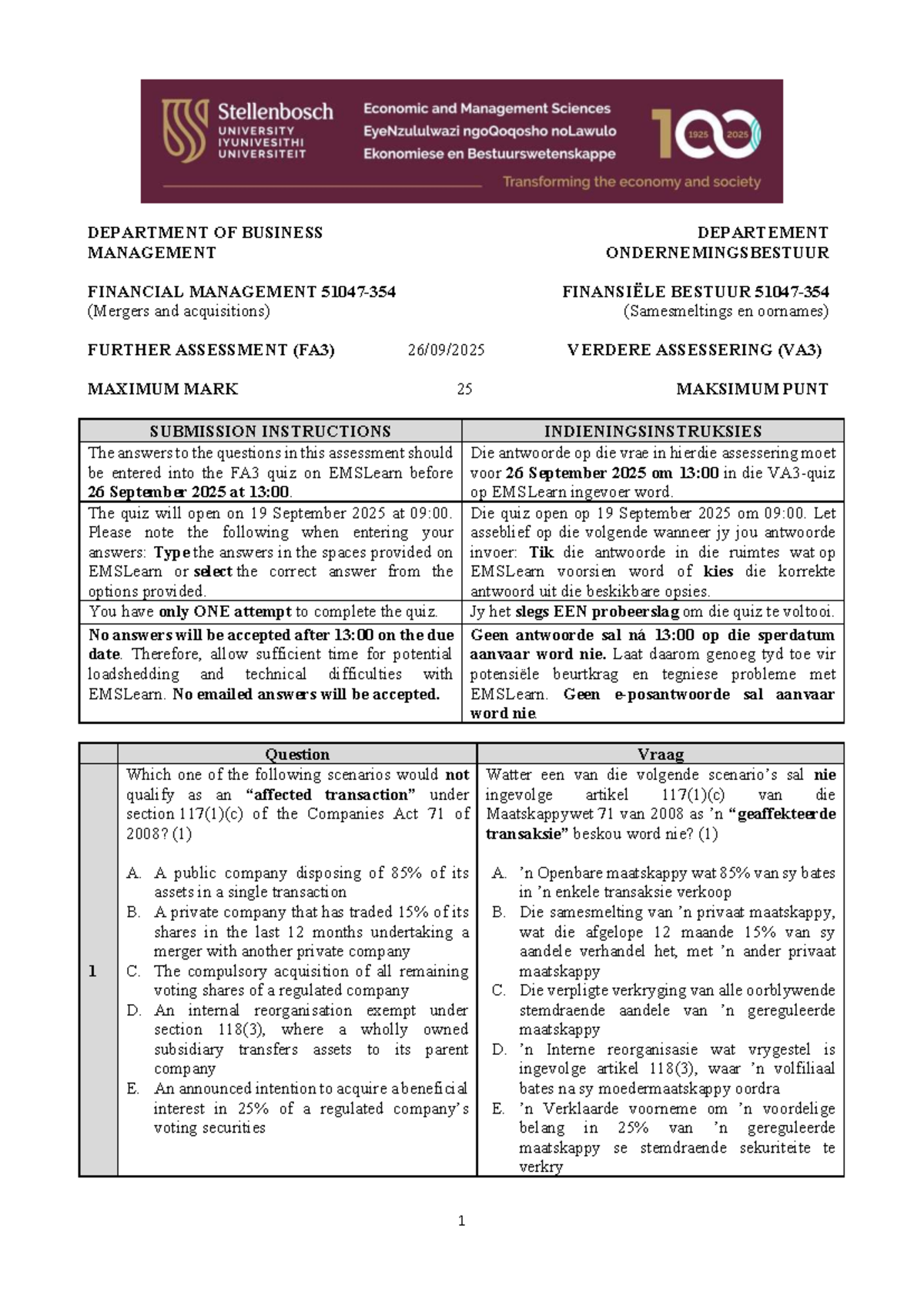 FA3-VA3 2025: Financial Management Practice Questions on Mergers - Studocu