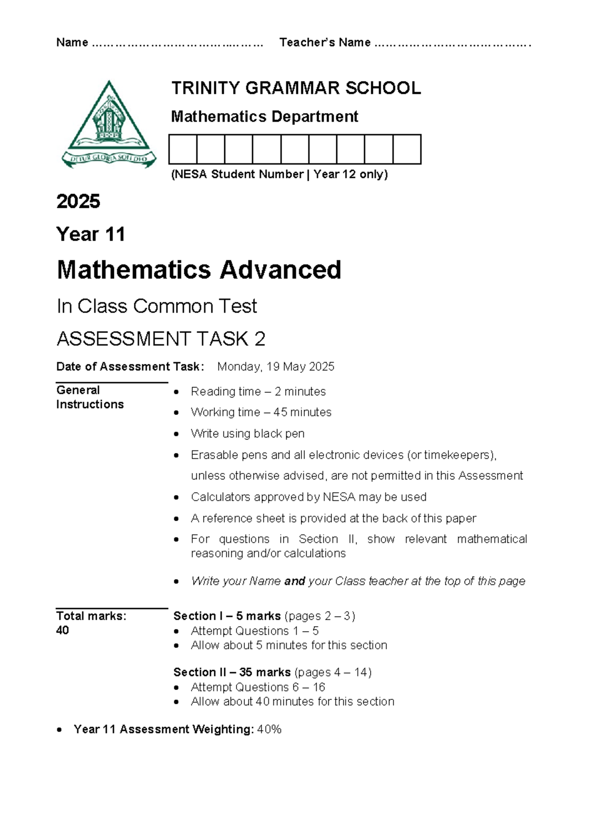 2025 Year 11 Mathematics Advanced Assessment Task 2 - Studocu