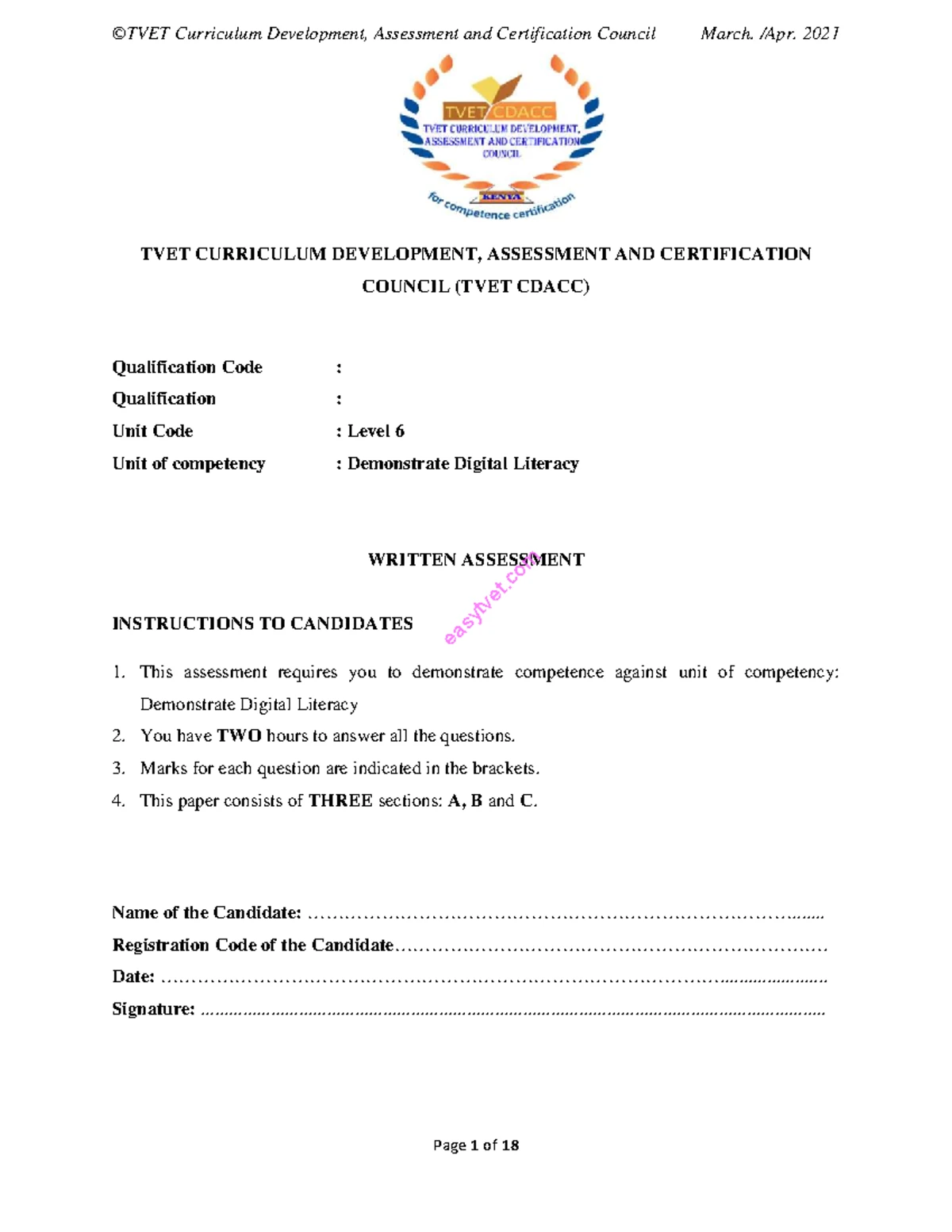 TVET Level 6 Written Assessment: Occupational Safety & Health Practices ...
