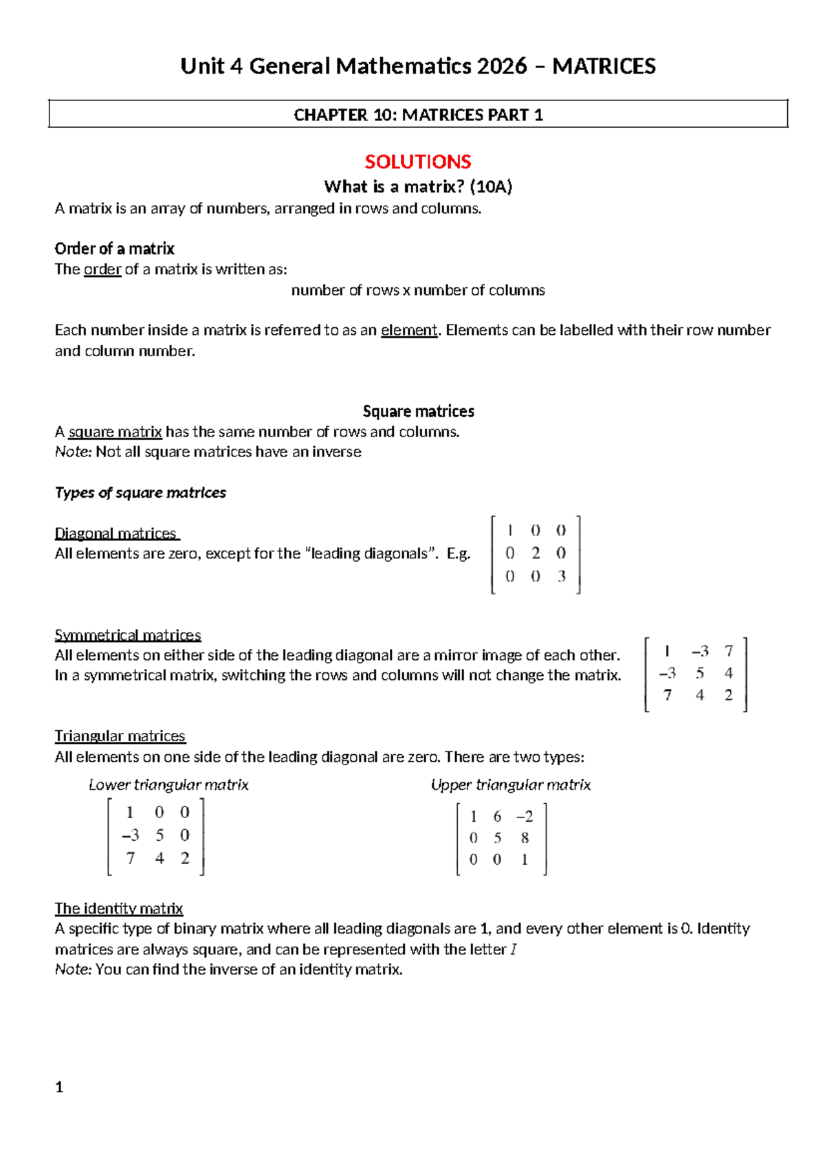 Ch 10 Notes 2026: Matrices Overview and Solutions - Studocu