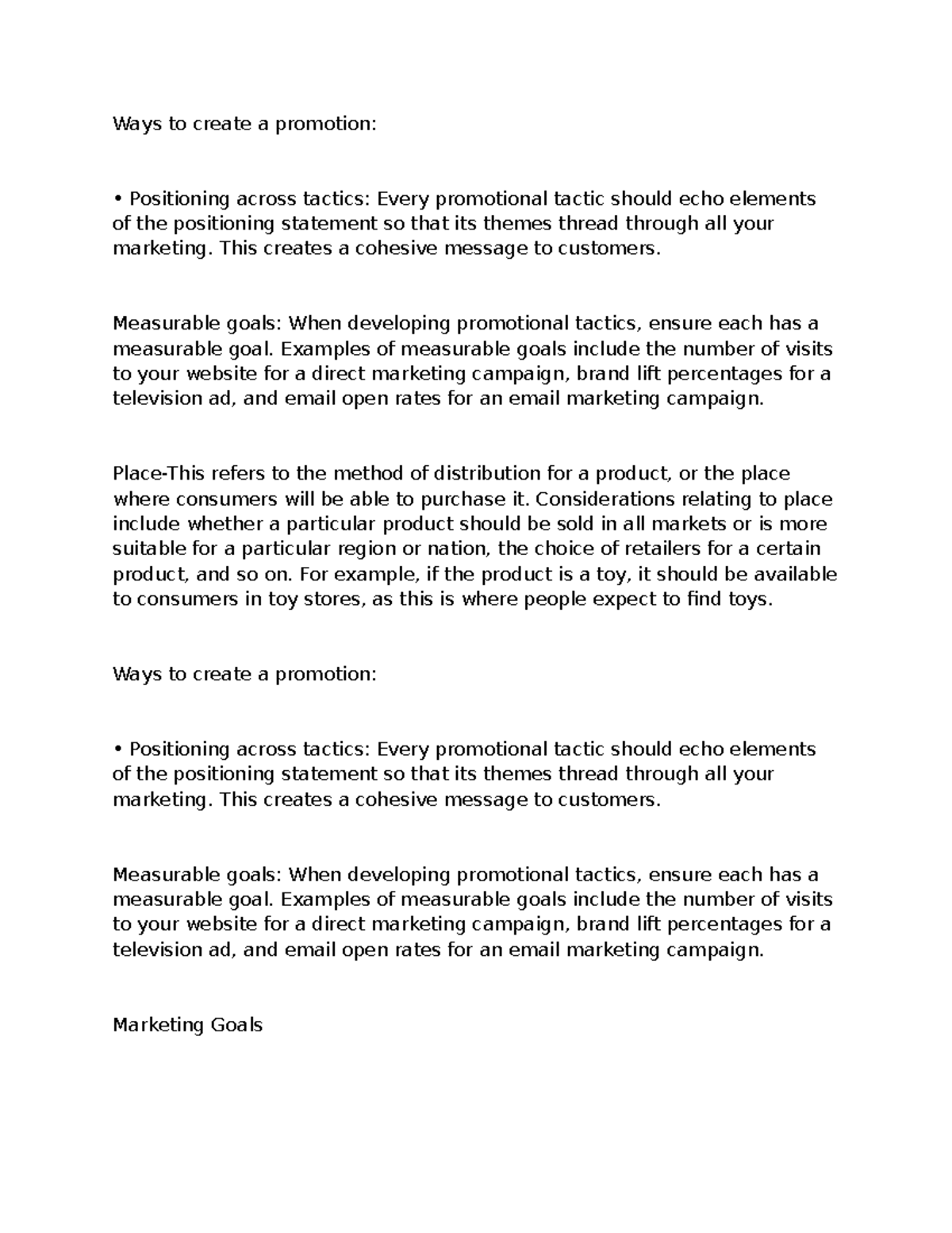 Marketing Goals - Notes - Ways to create a promotion: Positioning ...