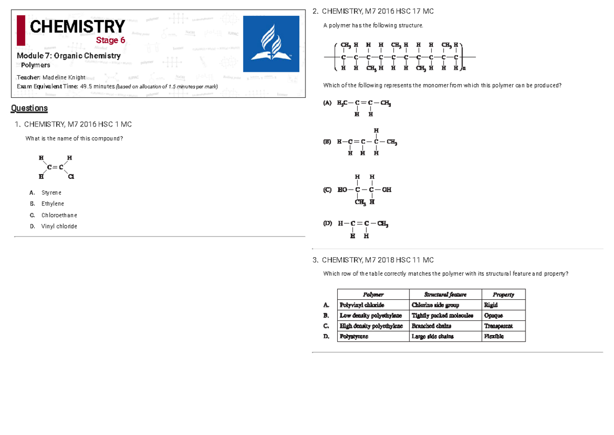 Polymers Practice Set 3: CHEMISTRY M7 HSC Exam Questions - Studocu
