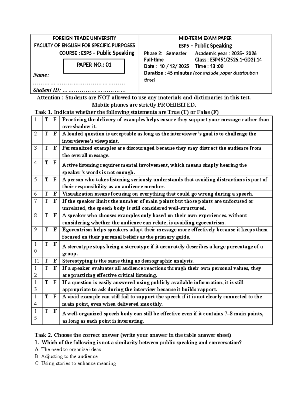 Midterm Exam Paper for ESP5 Public Speaking - 2026 - Studocu