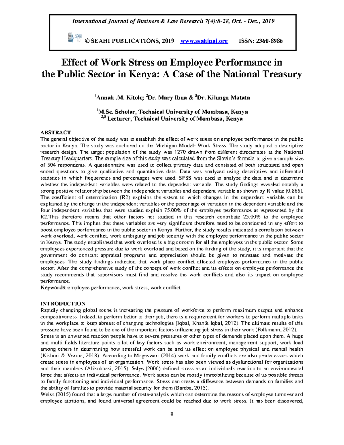 Effect of Work Stress on Employee Performance: A Case Study (PSY 302 ...