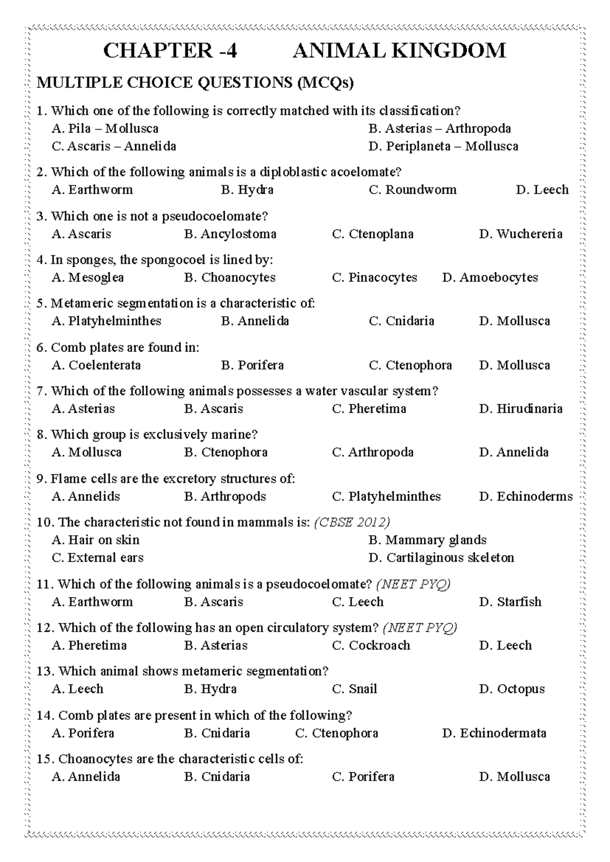 ANIMAL KINGDOM - CHAPTER MCQs ASSIGNMENT (BIO 101) - Studocu
