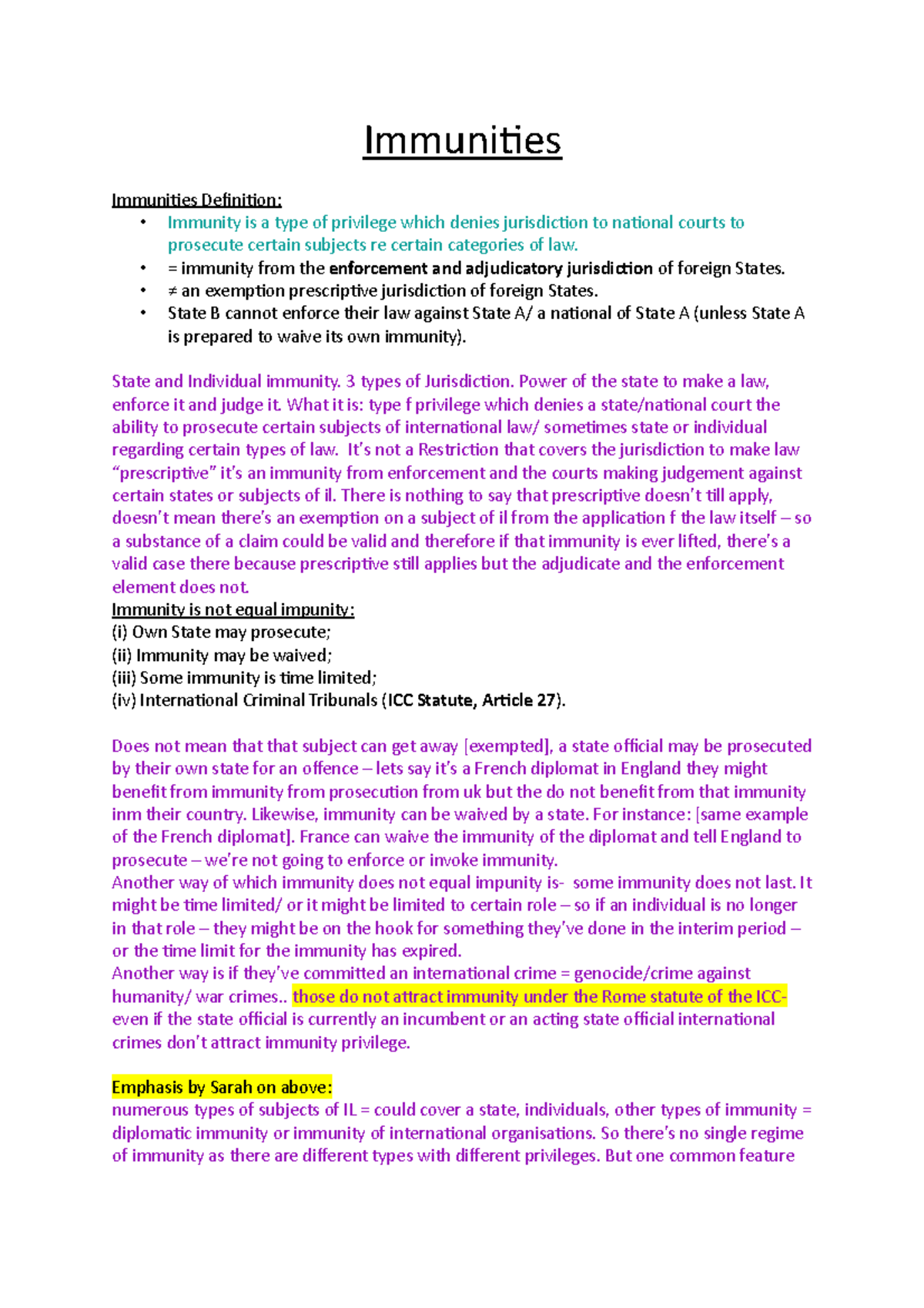 Public International Law (PIL) Immunities: Comprehensive Notes - Studocu