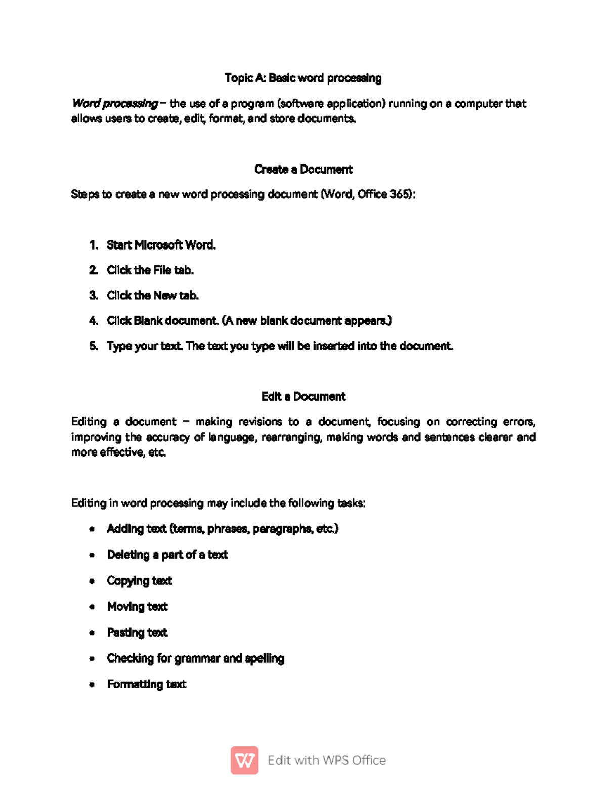 Msword - Steps of how to use MS WORD - Topic A: Basic word processing ...