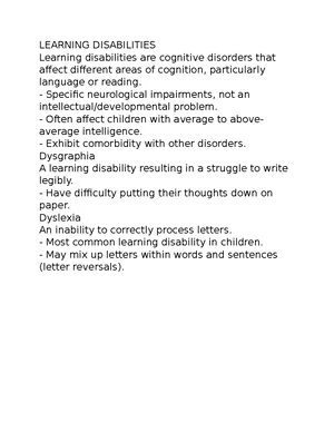 Learning Disabilities - Study Notes & Assignments - Studocu