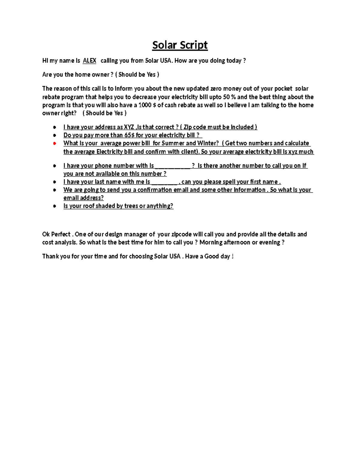 Updated script solar - Solar Script Hi my name is ALEX calling you from ...
