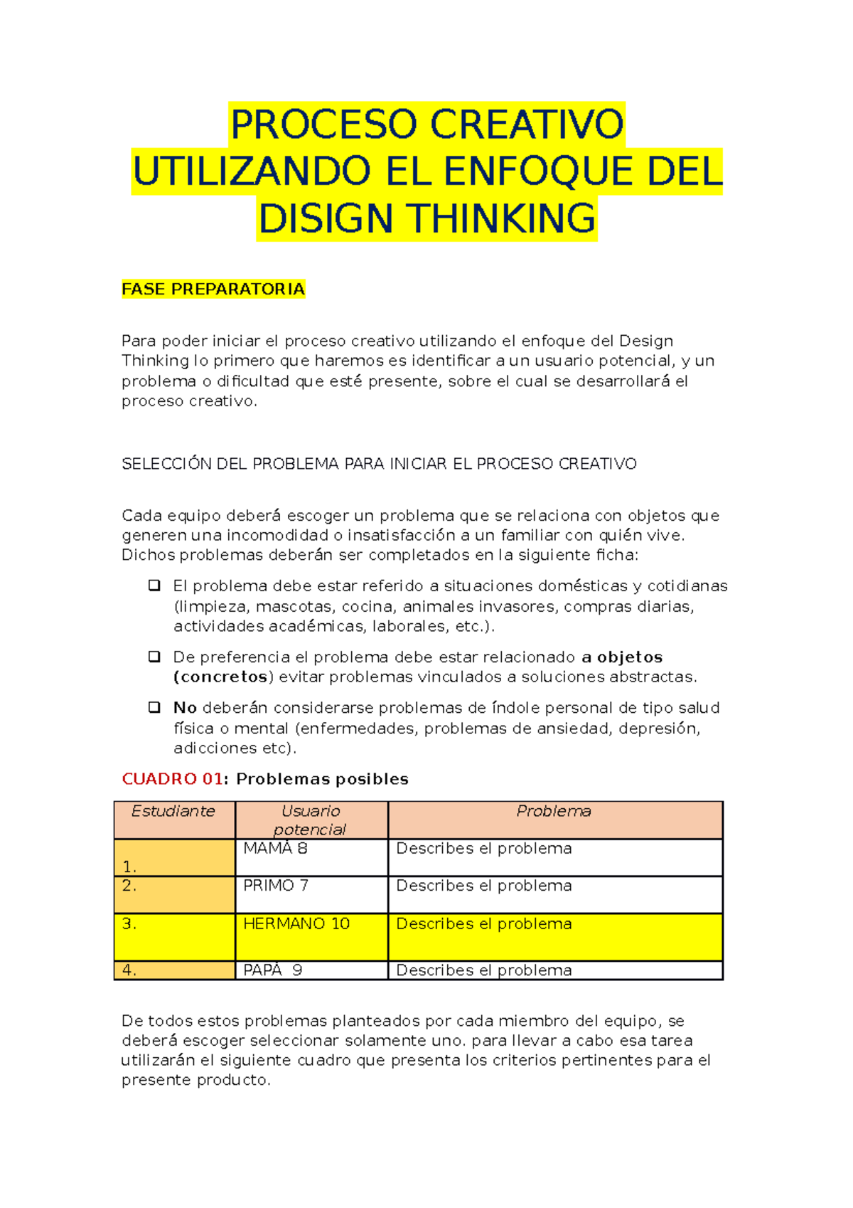 Guía del Proceso Creativo con Design Thinking - Fase Preparatoria - Studocu