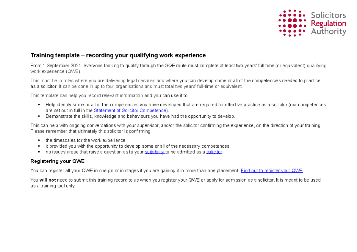 SQE QWE Training Template for Recording Legal Work Experience - Studocu