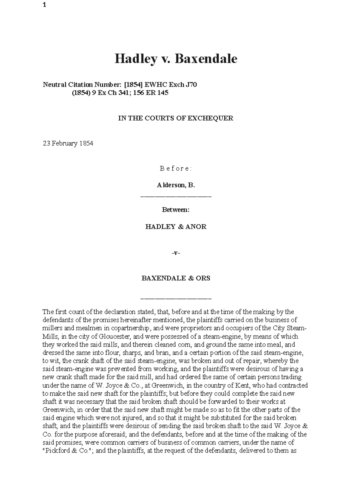 Hadley v. Baxendale: EWHC Exch J70 (1854) - Contract Law Analysis - Studocu
