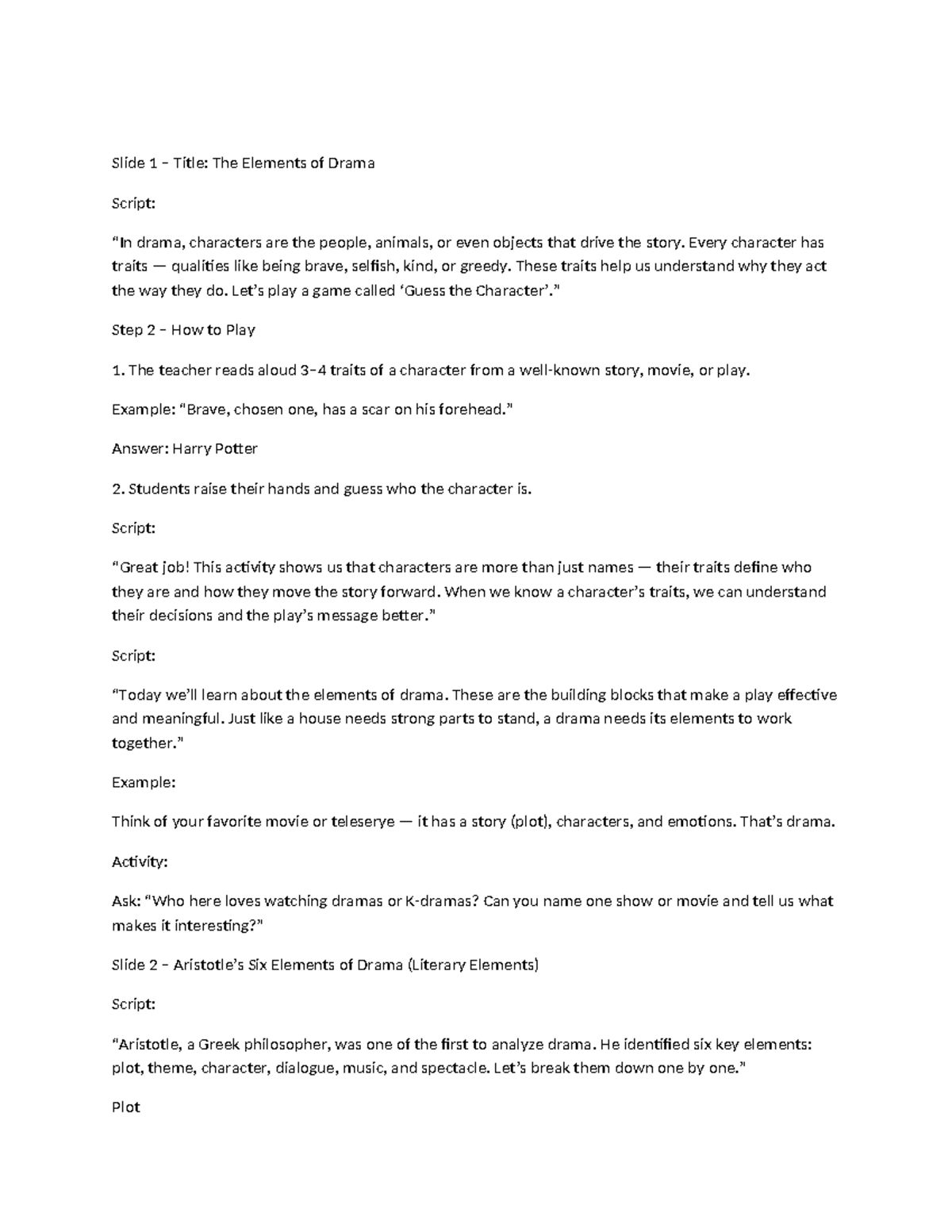 Elements of Drama: Understanding Key Components and Activities - Studocu