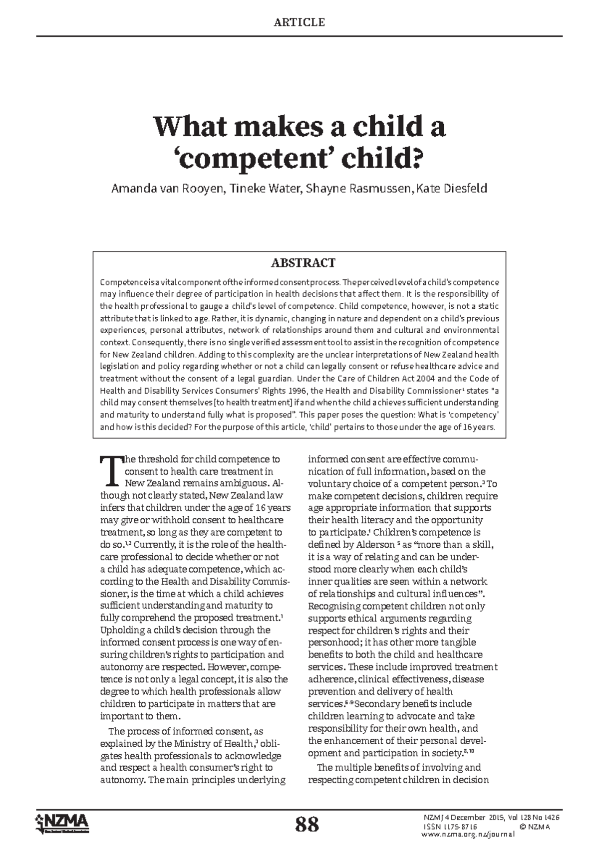 NZMJ Article: Understanding Child Competence in Health Consent ...