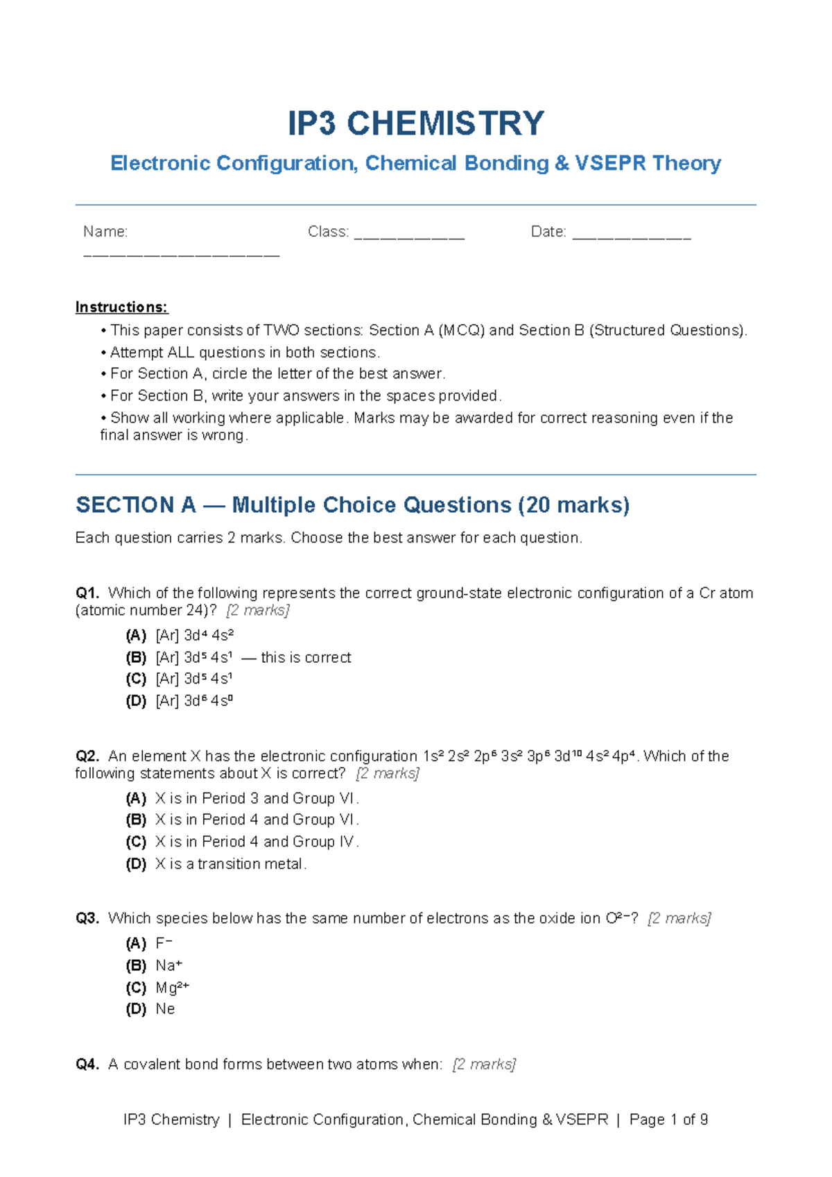 IP3 Chemistry Final Exam: Electronic Configuration & Bonding Concepts ...