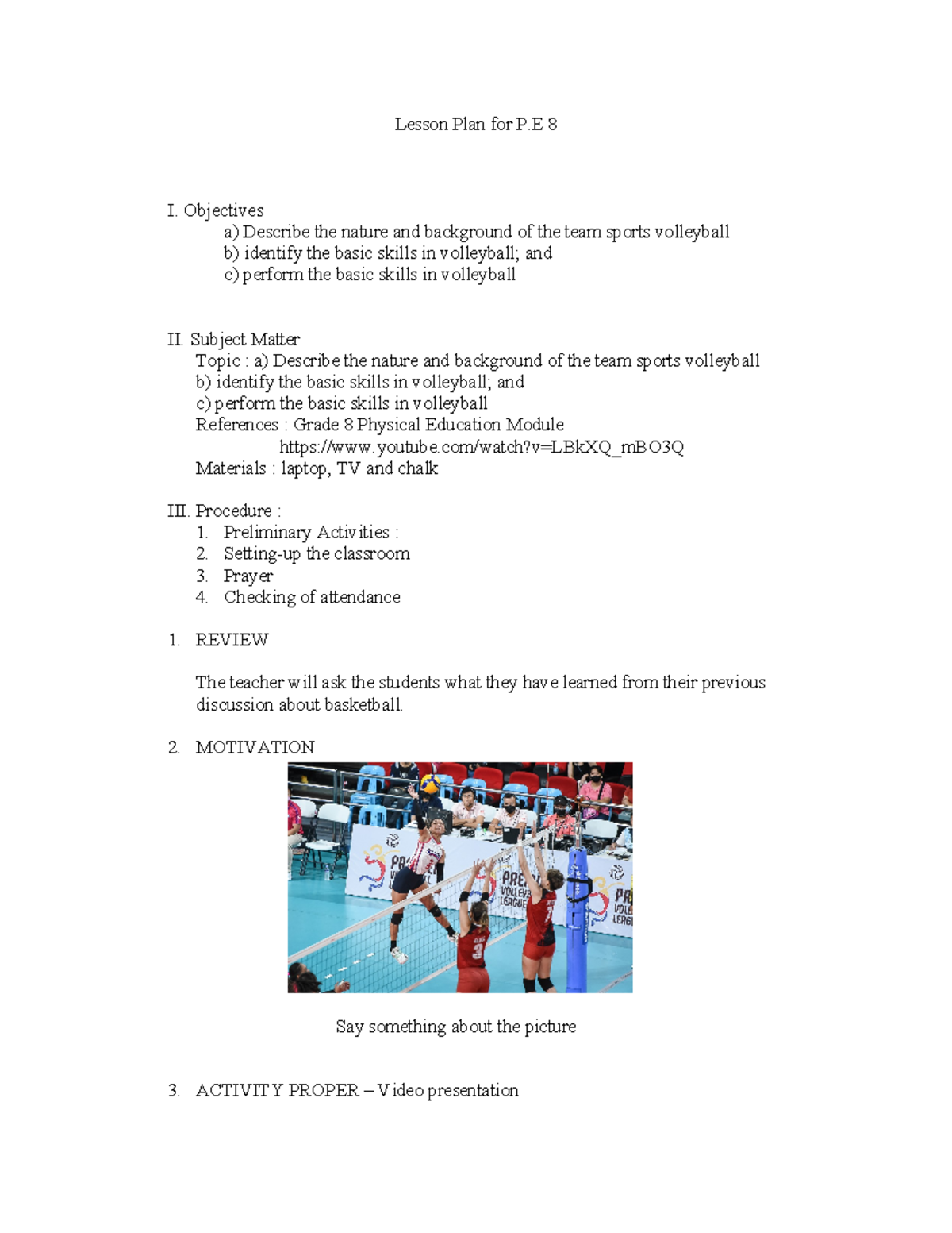 Final Demo Lesson Plan for P.E. 8 - Volleyball Skills and Techniques ...