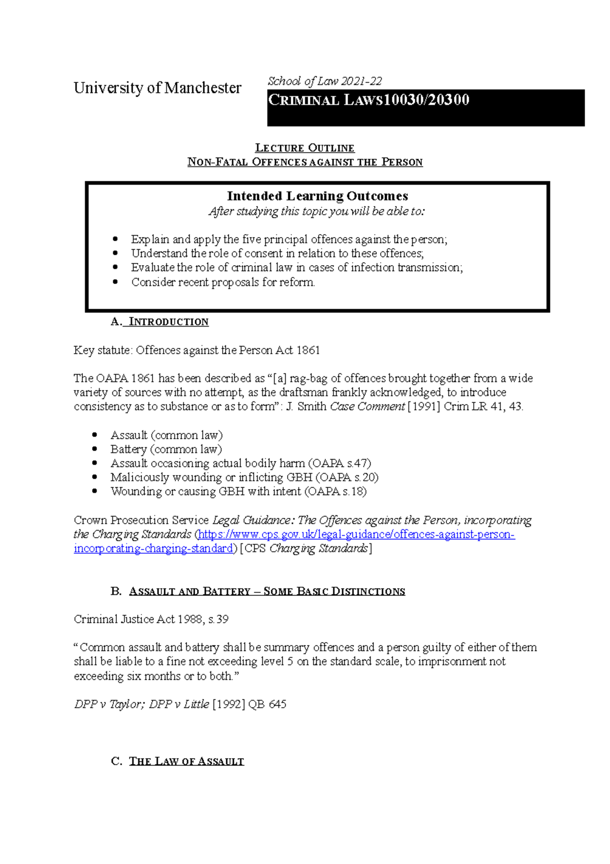 Criminal Law LAWS10030 - Lecture Notes on Non-Fatal Offences - Studocu