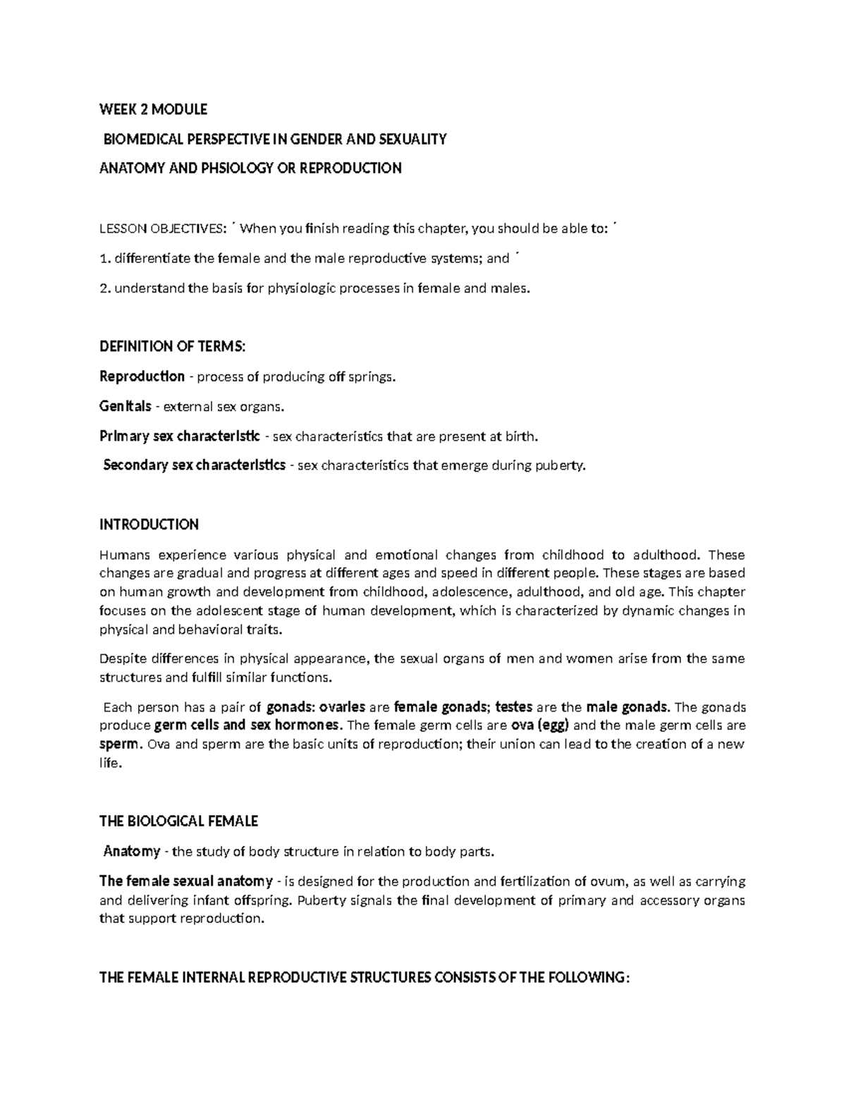 WEEK 2 MODULE: Biomedical Perspective on Gender & Sexuality Anatomy ...