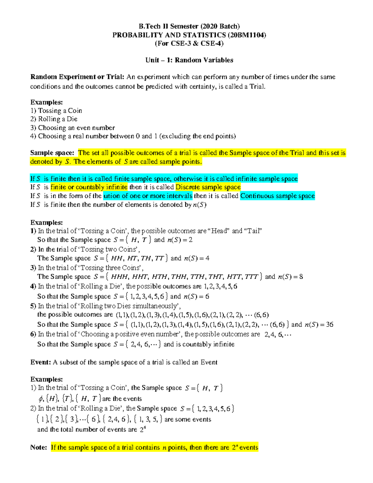 B.Tech II Sem (2020 Batch) Probability & Statistics Unit 1: Random ...