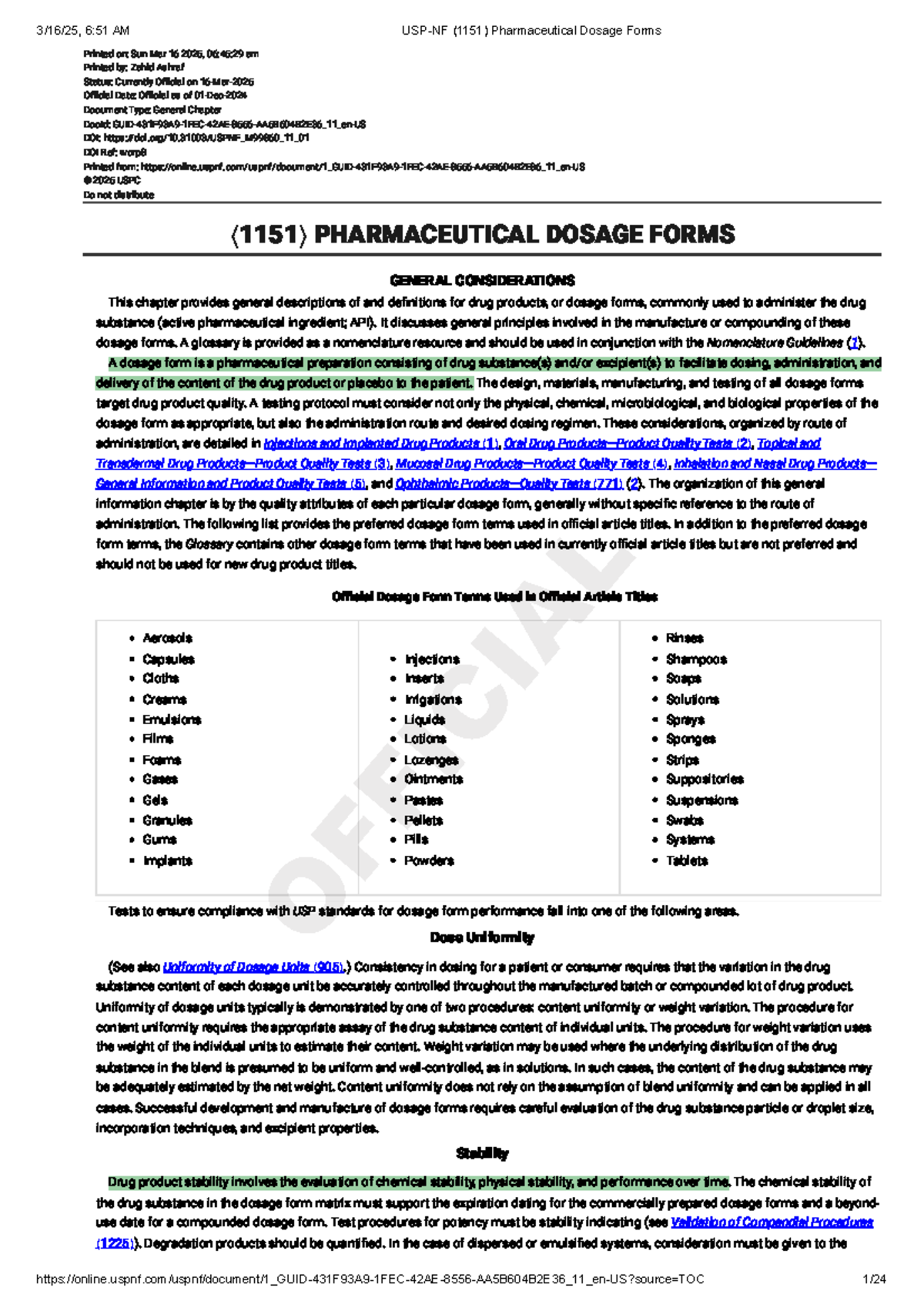 USP-NF 〈1151〉 General Chapter on Pharmaceutical Dosage Forms - Studocu