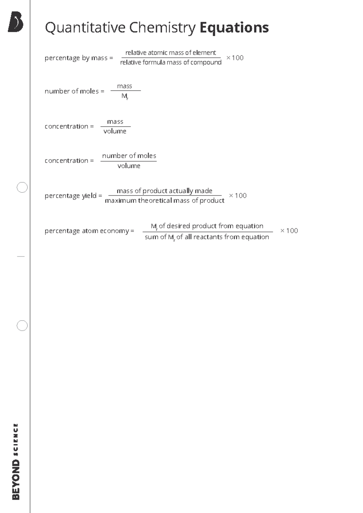 Quantitative Chemistry Equation Sheet - Quantitative Chemistry ...