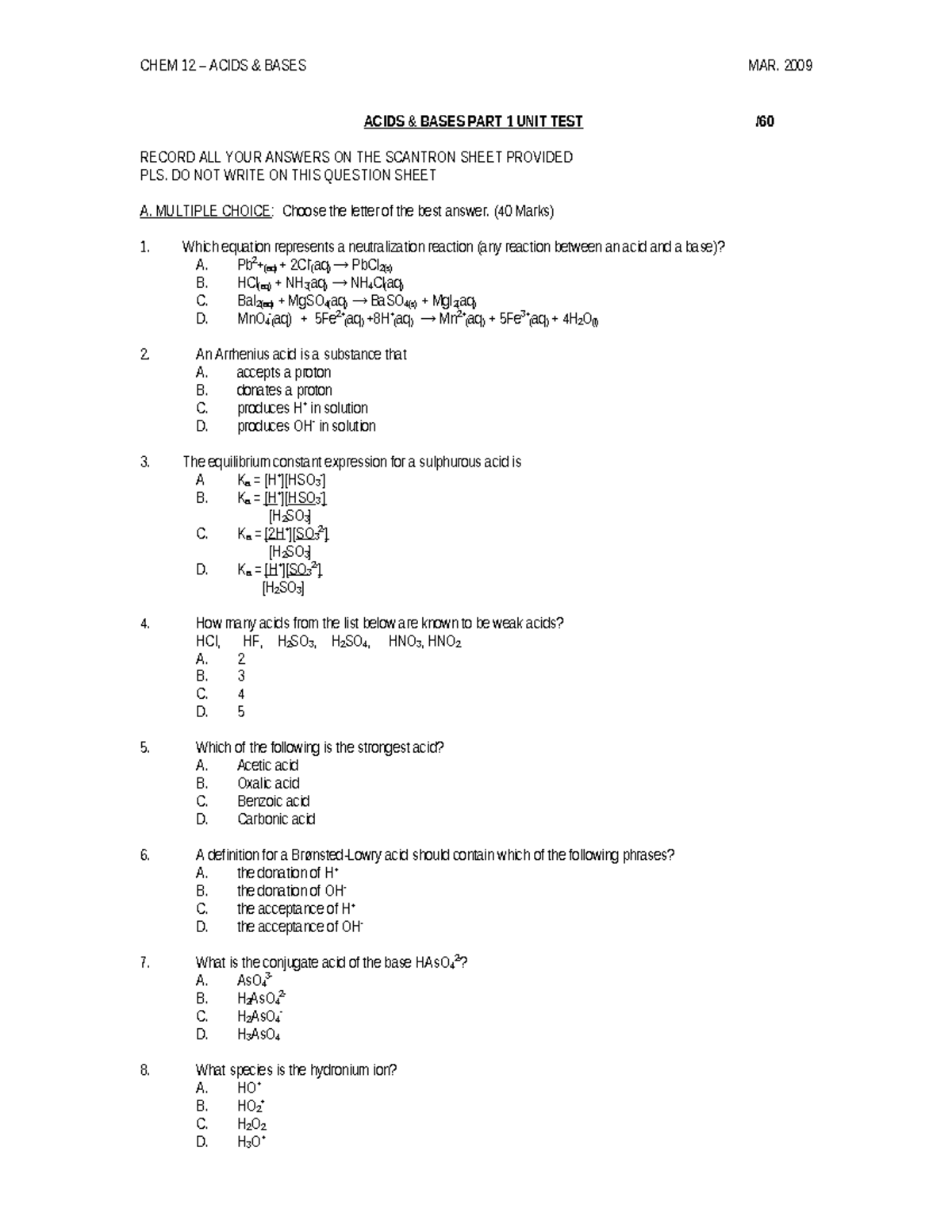 Acid-Base Test Part 1 (V1) - Practice Exam Questions and Answers - Studocu