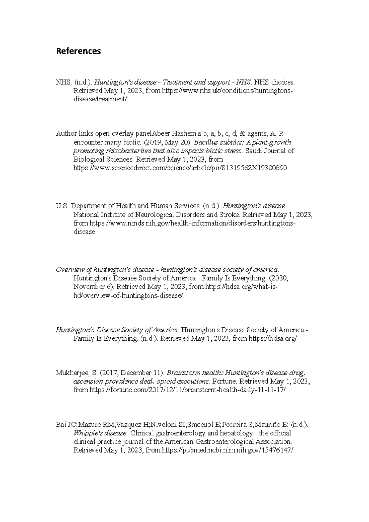 References - none - References NHS. (n.). Huntington's disease ...