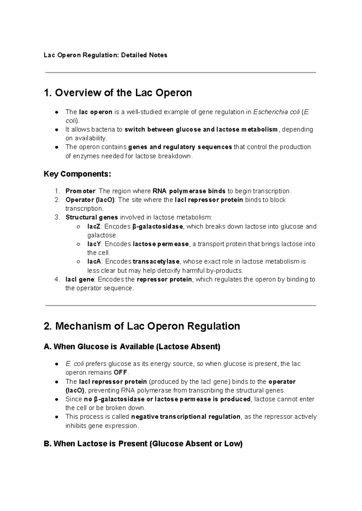 Lac Operon Regulation: Key Mechanisms and Gene Control Notes - Studocu